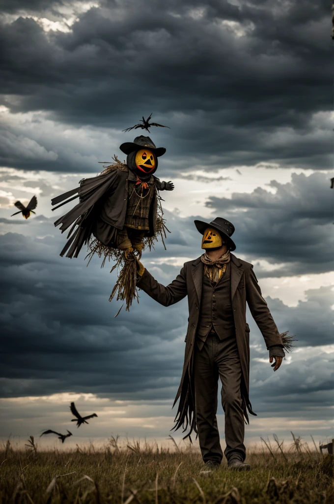 Terrible, old scarecrow, Crows fly around, dark clouds, 4K,horor