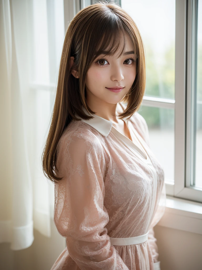super highest quality, face focus, soft light, ultra high resolution, (realistic:1.4), RAW photo,
1 Japanese girl, alone, cute, (pupil, There&#39;There&#39;s a light in my eyes),  (detailed beautiful face:1.3)  ((High resolution details of human skin texture:1.3)
(long hair),
indoor,
Damask Shirt Dress, (Beautiful straight bob hair styled down to the tips:1.3)  elegant and neat　　intelligent and stylish
(portrait)  High definition focus on pupil　diffused light from window　beautiful gradation　gentle smile　Beautiful gradation