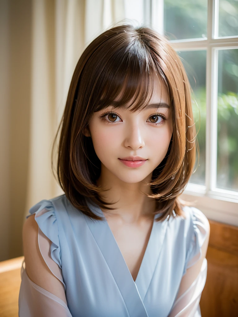 super highest quality, face focus, soft light, ultra high resolution, (realistic:1.4), RAW photo,
1 Japanese girl, alone, cute, (pupil, There&#39;There&#39;s a light in my eyes),  (detailed beautiful face:1.3)  ((High resolution details of human skin texture:1.3)
(long hair),
indoor,
Damask Shirt Dress, (Beautiful straight bob hair styled down to the tips:1.3)  elegant and neat　　intelligent and stylish
(portrait)  High definition focus on pupil　diffused light from window　beautiful gradation　gentle smile　Beautiful gradation