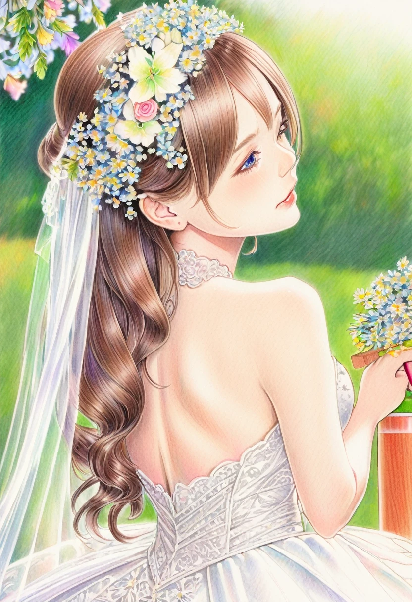 BREAK Perfect Anatomy、(High resolution:1.2)、Incredible illustrations、(Cute illustrations:1.2)、(color pencil drawing:2.5)(Beautiful background)(beautiful ass)June Bride