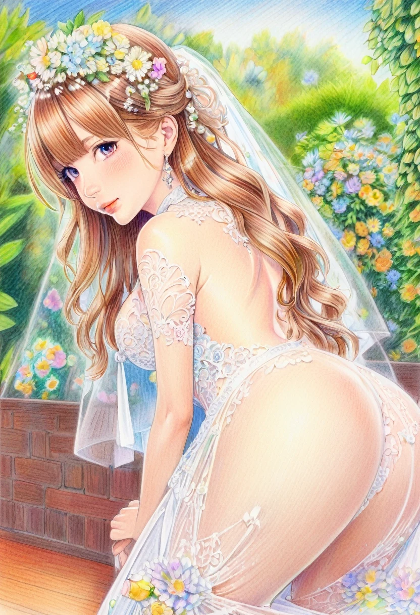 BREAK Perfect Anatomy、(High resolution:1.2)、Incredible illustrations、(Cute illustrations:1.2)、(color pencil drawing:2.5)（Beautiful background）（beautiful ass）June Bride　
