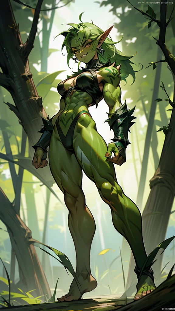 Green hair, Green skin, Pointed ears,，Fangs， female orc，muscle，muscle，Bare waist，animal skin top，cleavage，animal skin briefs，thigh，barefoot，paw，face tattoo，Tattoo，Standing，forest