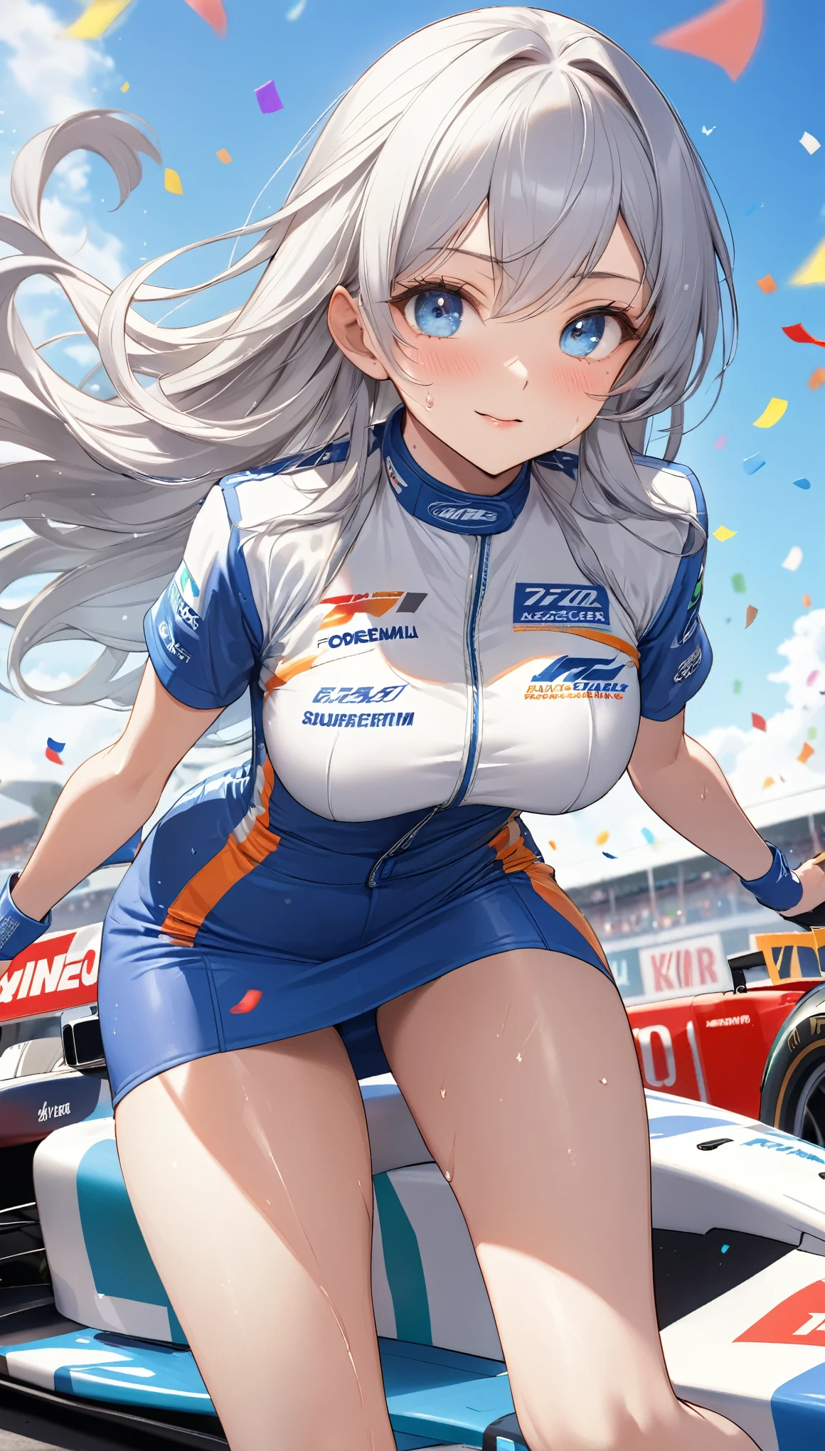 Highest quality, Super quality, 16K, Incredibly absurd, Very detailed, 2.5D, delicate and dynamic, blue sky, Confetti, Racing Car, Flag, Small face, Extremely delicate facial expression, Delicate eye depiction, Extremely detailed hair, Upper body close-up, sole sexy lady, healthy shaped body, 22 years old lady, Race Queen, 170cm tall, big firm bouncing busts, white silver long hair, sexy long legs, Glowing Skin, Sweaty, 派手なRace Queenのコスチューム, blue tight skirt, white leather long boots, Formula 1, Auto Racing Track