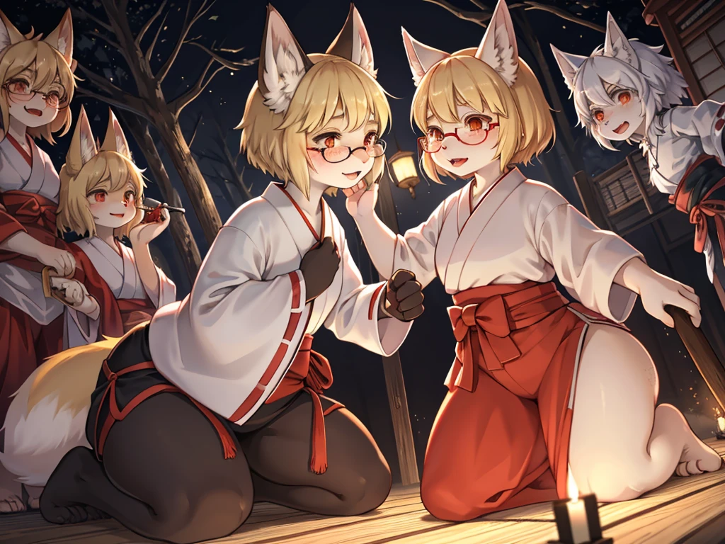 Japanese horror movie style , Japanese shrine maiden outfit fox , short blonde hair, freckles, (thick lips), plump, glasses , Suspicion eyes , gohei , Japanese monster fight scene , with yokai , Gashadokuro , onibi