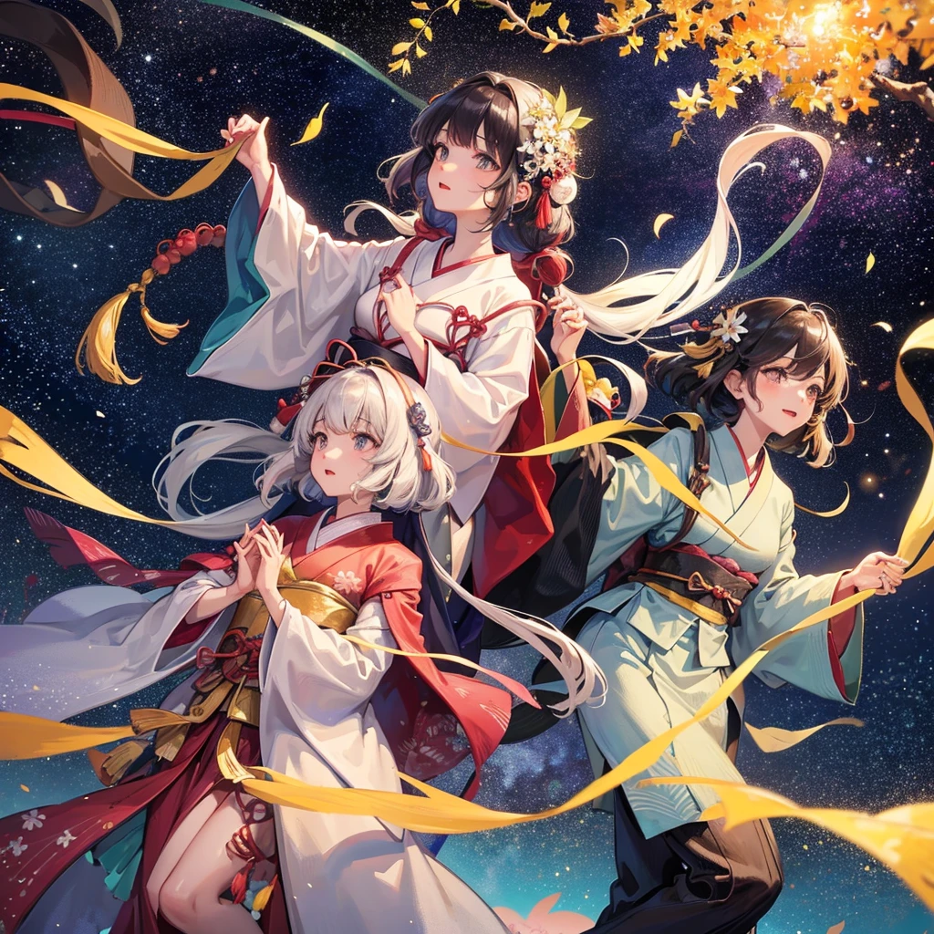 Tanabata night, a forest of leaves, a man and a woman in Japanese clothes, holding hands and looking up at the sky, the Milky Way in the sky