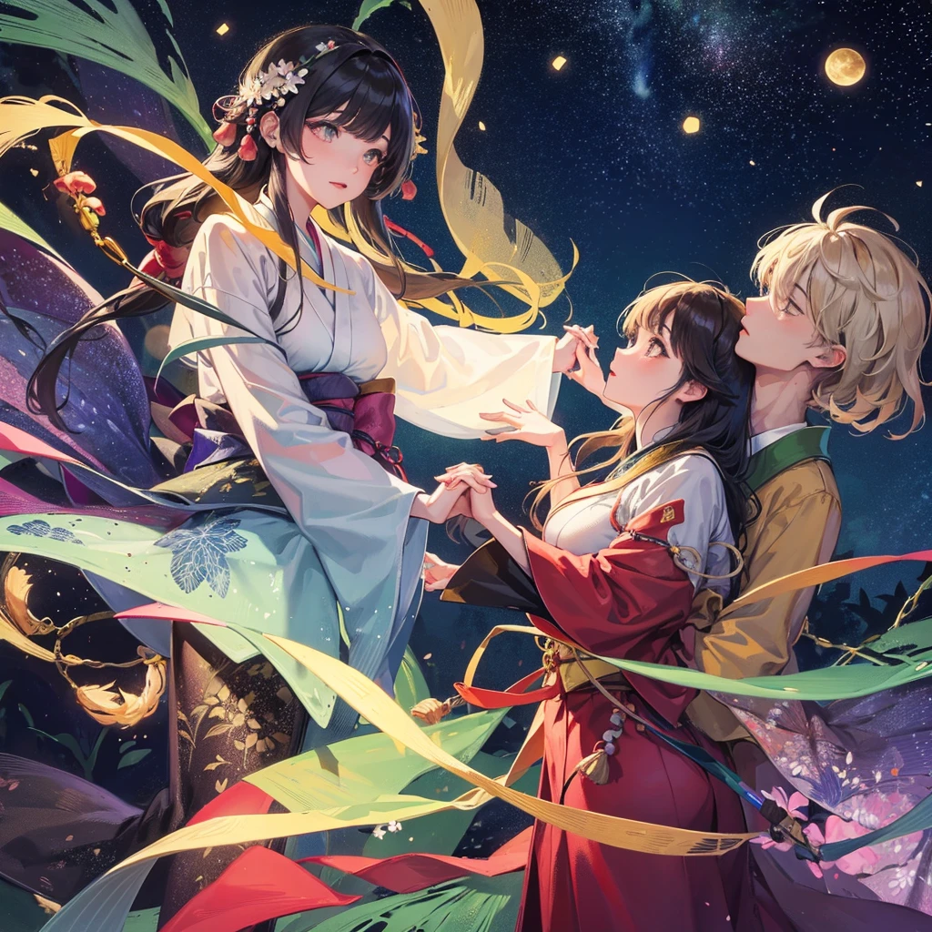 
Tanabata night, a forest of leaves, a man and a woman in Japanese clothes, holding hands and looking up at the sky, the Milky Way in the sky