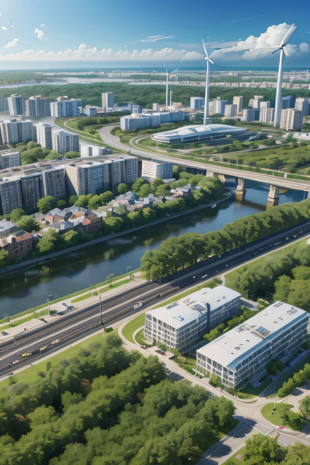 create a sustainable city with these characteristics: use of renewable energy to supply electricity to buildings and homes. implementation of an efficient public transportation system, such as light trains or electric buses. large green areas and parks to promote biodiversity and offer recreational spaces. recycling and waste management programs to minimize environmental impact.