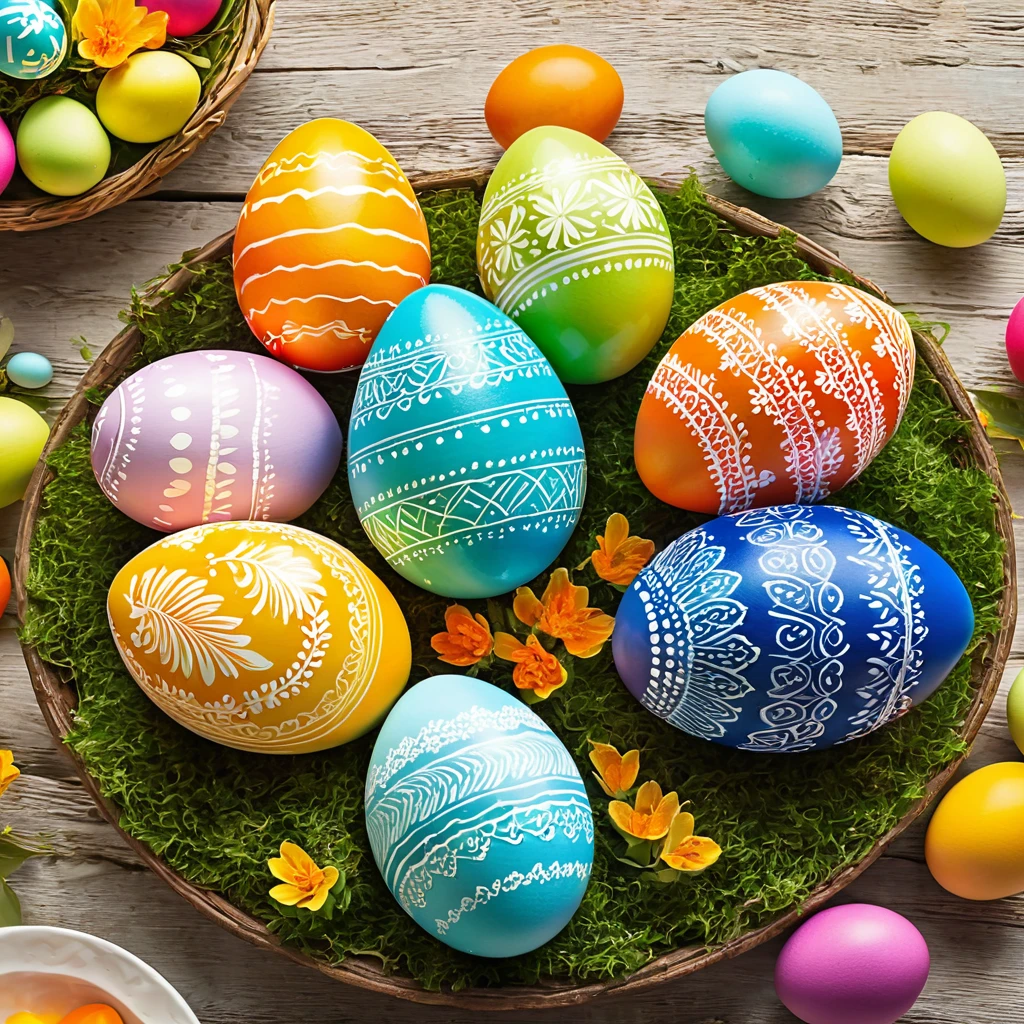 Illustrate a cozy family gathering around a table, decorating Easter eggs with intricate patterns and vibrant colors.