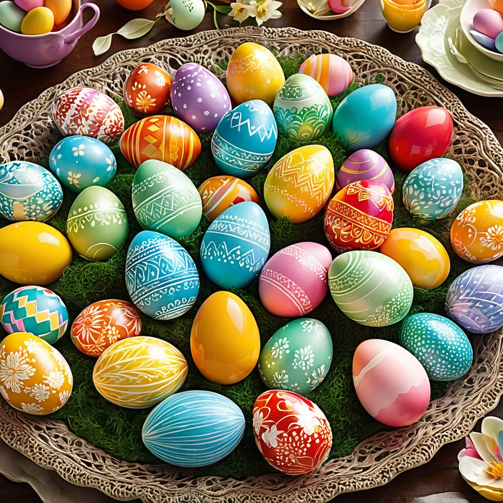Illustrate a cozy family gathering around a table, decorating Easter eggs with intricate patterns and vibrant colors.