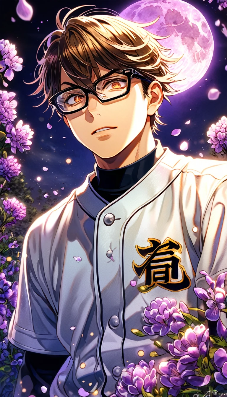 absurdres, highres, ultra detailed, HDR, master piece, best quality, Miyuki Kazuya, brown hair, messy and windswept, expressive amber eyes, Diamond No Ace, solo, sexy man, handsome, glasses with black frames, white baseball uniform, fantasy, purple moon, purple flowers, purple blossoms, purple petals, fireflies