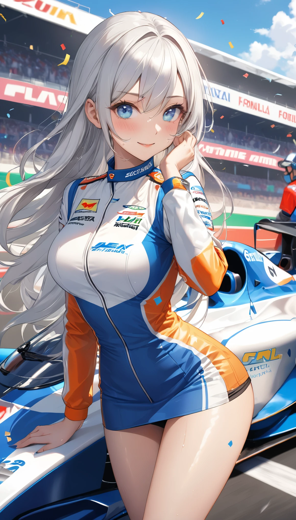 Highest quality, Super quality, 16K, Incredibly absurd, Very detailed, 2.5D, delicate and dynamic, blue sky, Confetti, Racing Car, Flag, Small face, Extremely delicate facial expression, Delicate eye depiction, Extremely detailed hair, Upper body close-up, sole sexy lady, healthy shaped body, 22 years old lady, Race Queen, 170cm tall, big firm bouncing busts, white silver long hair, sexy long legs, Glowing Skin, Sweaty, 派手なRace Queenのコスチューム, blue tight skirt, white leather long boots, Formula 1, Auto Racing Track