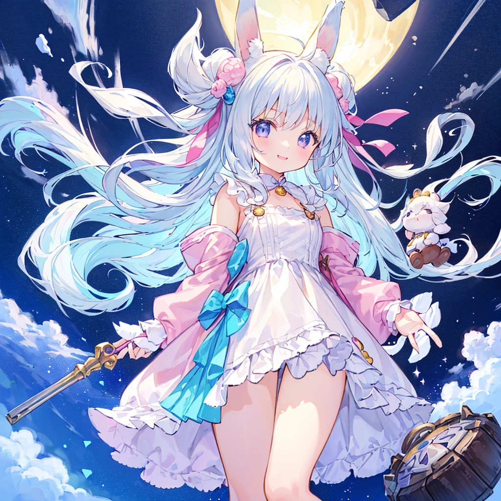 1girl,(((Little、cute、Highest quality、Masterpiece、Official Art、White background、The best composition、Super detailed)))、smile、Heartwarming、Soft and fluffy、pastel colour、whole body、smile、Standing with a stuffed rabbit、ふわふわなLittle、Rubber Keychain、
