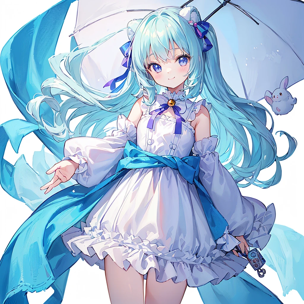 1girl,(((Little、cute、Highest quality、Masterpiece、Official Art、White background、The best composition、Super detailed)))、smile、Heartwarming、Soft and fluffy、pastel colour、whole body、smile、Standing with a stuffed rabbit、ふわふわなLittle、Rubber Keychain、