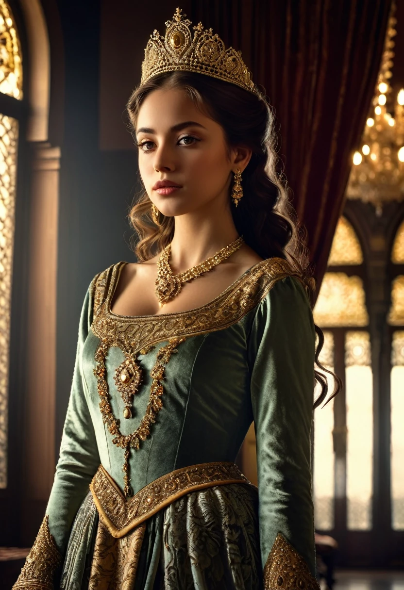 a beautiful young queen basilia casablanca of the kingdom of unam, brown hair, fair skin, 17th century, elegant dress, intricate jewelry, regal posture, dramatic lighting, cinematic camera angle, photorealistic, highly detailed, ornate palace interior, baroque architecture, golden chandeliers, lush velvet curtains, intricate tapestries, opulent decor, atmospheric fog, warm color palette, chiaroscuro lighting, dramatic shadows, breathtaking realism, oil painting aesthetic, masterpiece, award-winning, 8k, photorealistic, cinematic lighting