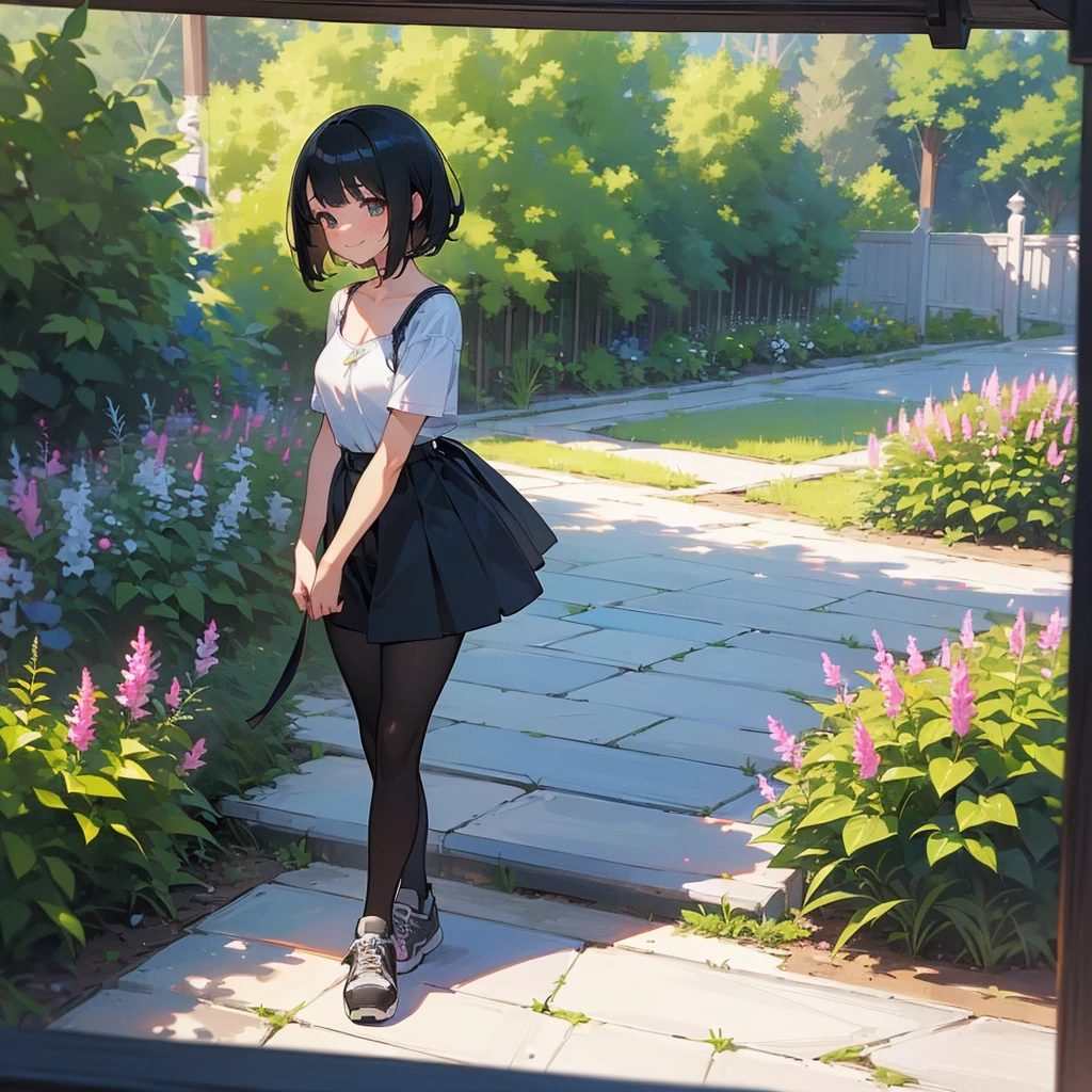 (high quality, High resolution, Very detailed, reality:1.37), Peaceful atmosphere, (Outdoor, garden), Teenage girl standing alone, (my breasts are big.), Beautiful details, Cute Smile, (Black bob hair), camisole, Denim skirt, Black tights, sneakers.