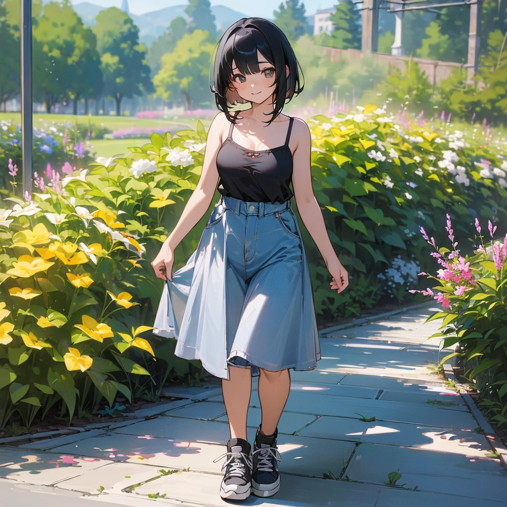 (high quality, High resolution, Very detailed, reality:1.37), Peaceful atmosphere, (Outdoor, garden), age girl standing alone, (my breasts are big.), Beautiful details, Cute Smile, (Black bob hair), camisole, Denim skirt, Black tights, sneakers.