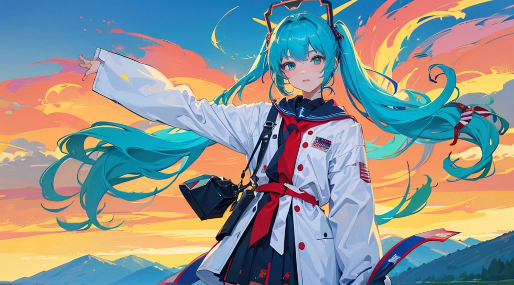Top Quality, 8K, 4K, High Definition, Detail, (better-quality, 8K, 12), miku nakano, standing in the 2024 election, vote for miku, planes in the background and American flag, miku nakano has the president of the Uniden state of America