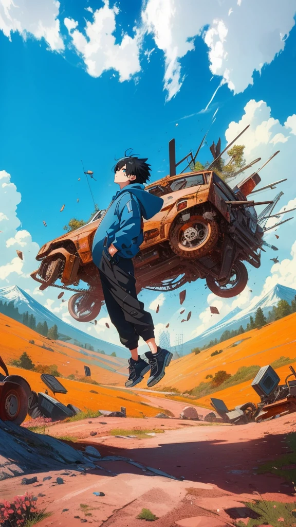 ((teenager with short black hair and a blue hoodie)), ((hands in pockets):1.5), levitating in front of a large, rusted mechanical structure resembling a car. The structure has multiple antennas and several small trees growing on top. Lush orange countryside with rolling hills and snow-capped mountains in the background, clear blue sky with fluffy white clouds, abasterpiece)), ((best quality)), ultra detailed,((illustration)), dynamic angle, detailed light, (delicate eyes), (ahoge:0.8),apathy, ray，frontage，style of anime4 k， 4k anime wallpaper， badass anime 8 k， 4 k comic wallpaper