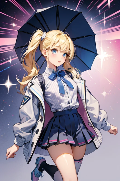 Her hair is blonde and is styled into two high pigtails, both her hair and her outfit which consists of a grey jacket on top of a tied white blouse with a pink undershirt underneath as well as a navy blue pleated skirt, navy blue thigh high socks with two white thin stripes at the front and pink shoes with pom poms. SPARKLE; GLITTER