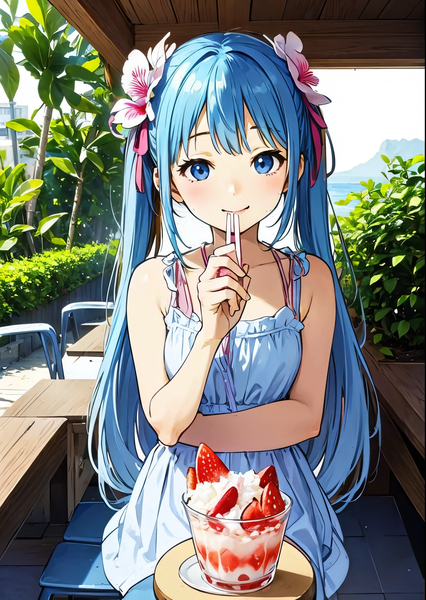 Seaside Cafe、Light blue long hair、Beautiful girl with twin tails、Eating strawberry shaved ice with relish、A cafe decorated with lots of orchid flowers、Beautiful girl with a bright smile