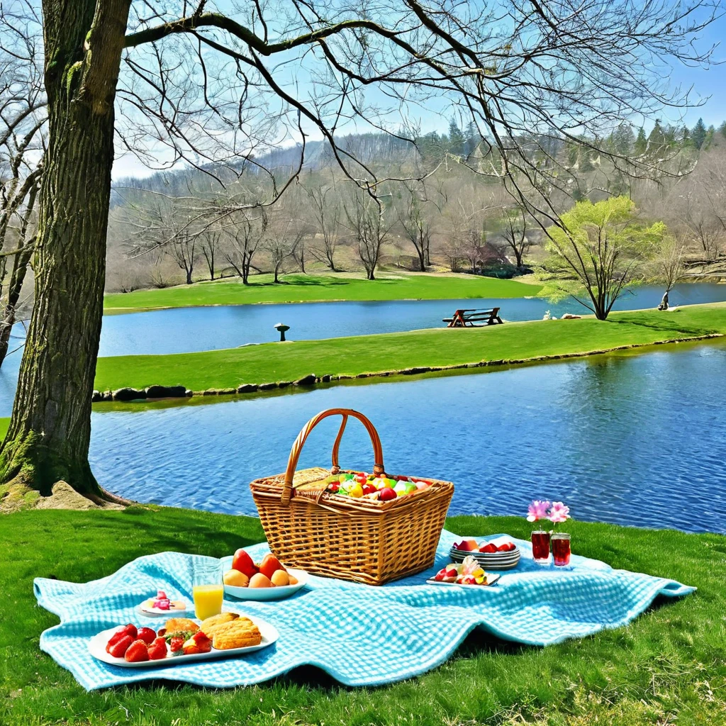 Create a serene Easter picnic by a tranquil lake, complete with a checkered blanket, a basket of goodies, and joyful laughter.