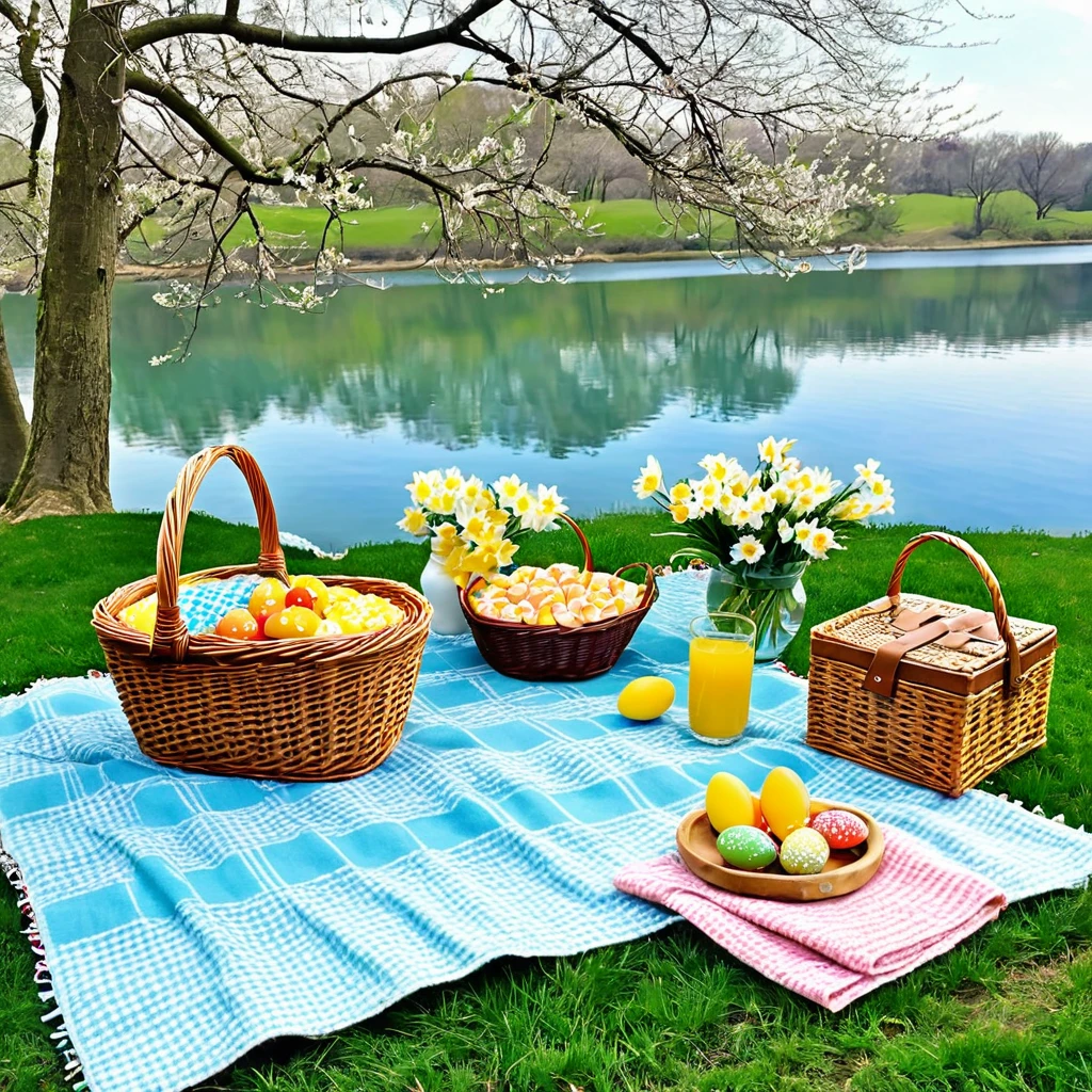 Create a serene Easter picnic by a tranquil lake, complete with a checkered blanket, a basket of goodies, and joyful laughter.