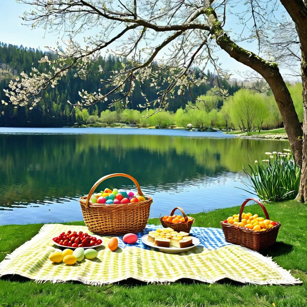 Create a serene Easter picnic by a tranquil lake, complete with a checkered blanket, a basket of goodies, and joyful laughter.