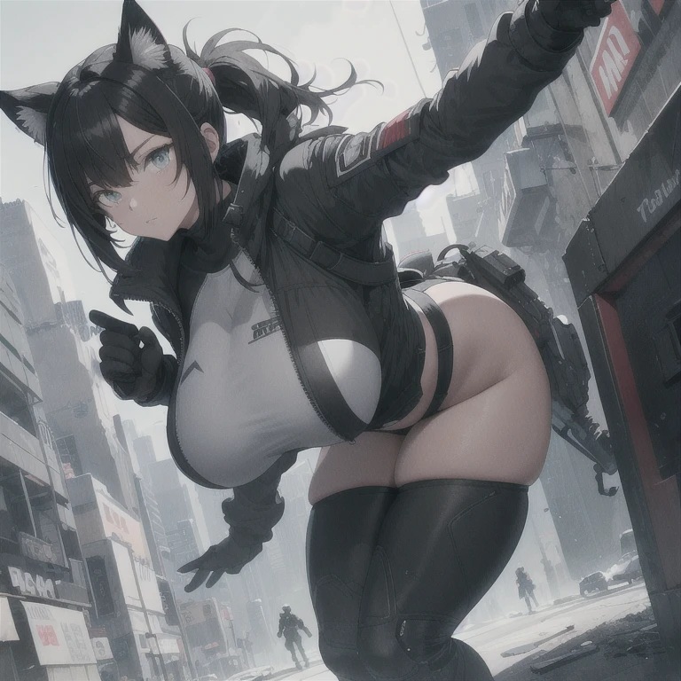 Absurd resolution, high resolution, (masterpiece: 1.4), hyper-detail, full body shot, solo, 1 kemono feline cat woman, humanoid, no skin other than neck and head shown, black hair, messy ponytail, cute face, detailed soft grey luminous eyes, huge massive hyper super swollen heavy breasts, breasts so big that cover her whole torso and are bigger than her head while being so big they reach her belly button, extremely super large swollen perky heavy bust, super huge enormously gigantic tits, gigantic bursting out of her top, inflated breasts, breasts_expansion, super gigantic swollen heavy tits, wide full hips, narrower torso and shoulders, smaller torso, full thicc big soft thighs, thicc thighs, big rounded full soft butt, thicc butt, ruggedized utility styled outfit, fully insulated suit, full body outfit coverage with no skin showing or revealed, airtight/watertight zippers and seals, scifi monochrome black and grey fullbody covering protective padding rugged loose-fitted pilot utility suit, white zipped utility cropped top for breasts support with a black strap horizontal across cleavage worn on top of suit, tactical strategic angular-patterned protective padding on hips and thighs and abdomen, practical/functional clothing, weather-proof durable clothing material, nylon clothing material, custom made clothing to fit and support large breasts, scifi padded rugged rigid high collar techwear jacket, armored high collar, white and black triangular decals and techwear iconography on apparel and clothing, techwear gloves, arm mounted strapped display scifi tablet/communication device/computer, ruggedized tech, ruggedized tech aesthetic, fitted utility pants, utility chaps, near future scifi, cyberpunk aesthetic, anime aesthetic, tactical aesthetic