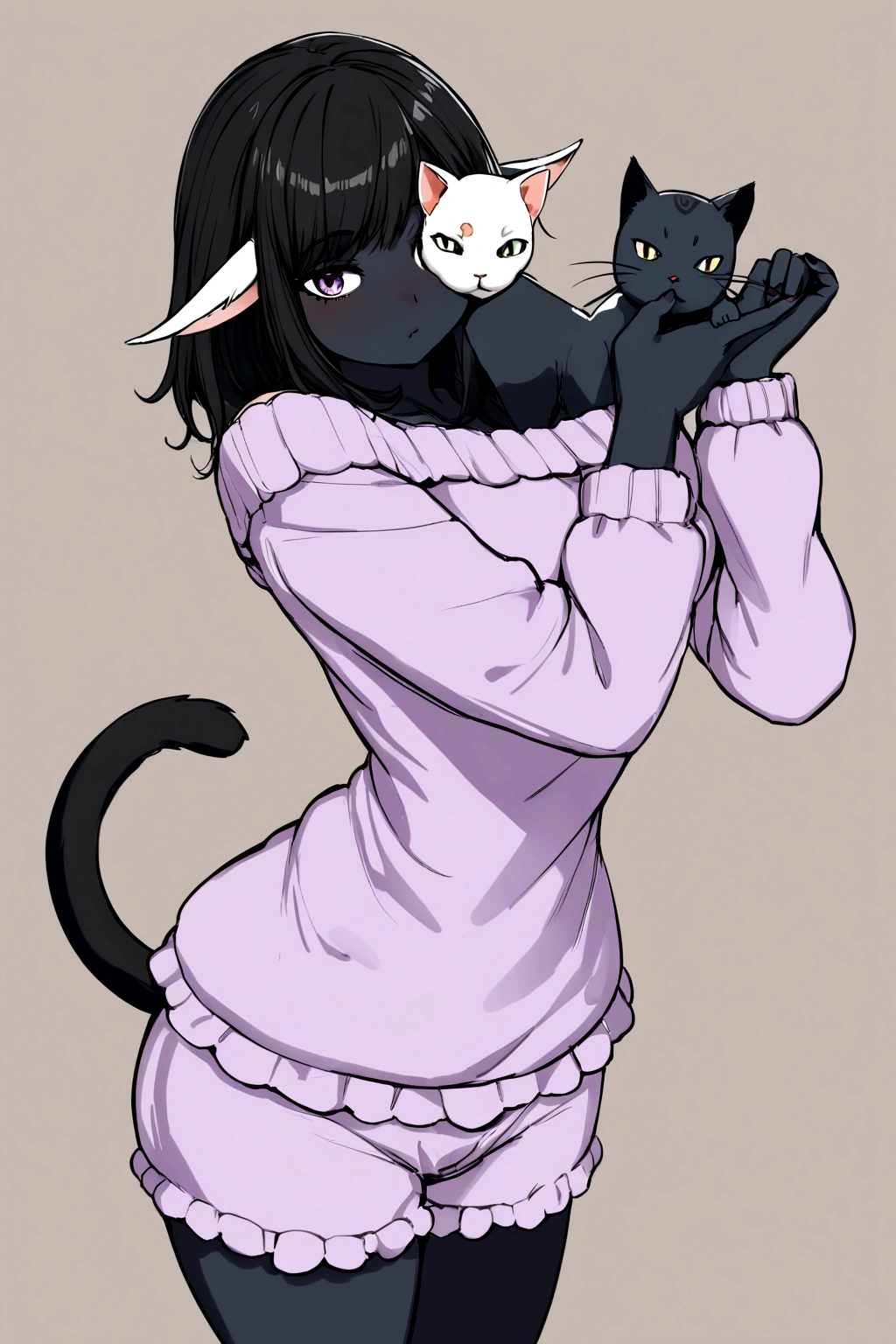 good quality , 1 girl, cat hybrid,body hair curto com orelhas de gato,cat tail,body hair,black and white ears and tail,the black skin,with a lilac off-the-shoulder sweater and pajama shorts