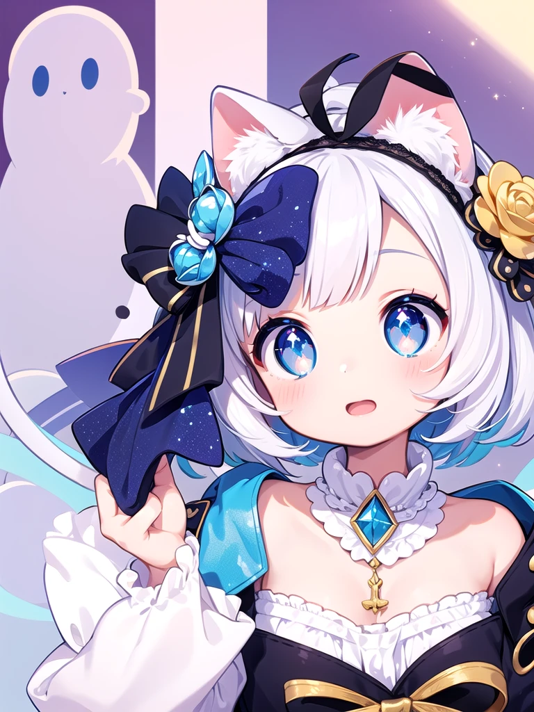 ((Highest quality)), ((masterpiece)), (be familiar with), Perfect Face, Big eyes, Drooping eyes, eyelash, The sparkling light of the eyes, Virtual Youtuber, siro (dennou shoujo youtuber siro), white hair, hair ornament, blue eyes, cat ears, fake animal ears, antenna hair, open mouth