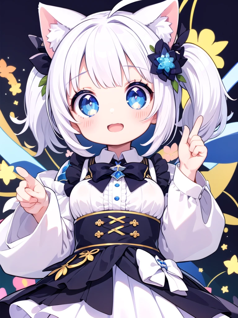 ((Highest quality)), ((masterpiece)), (be familiar with), Perfect Face, Big eyes, Drooping eyes, eyelash, The sparkling light of the eyes, Virtual Youtuber, siro (dennou shoujo youtuber siro), white hair, hair ornament, blue eyes, cat ears, fake animal ears, antenna hair, open mouth