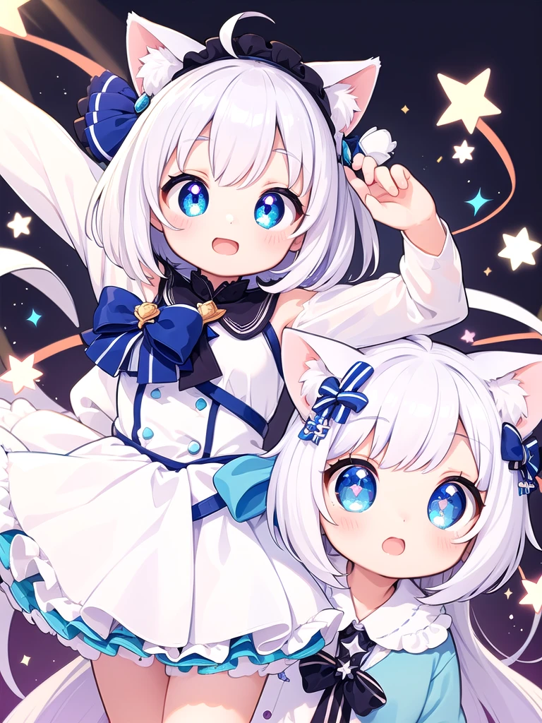 ((Highest quality)), ((masterpiece)), (be familiar with), Perfect Face, Big eyes, Drooping eyes, eyelash, The sparkling light of the eyes, Virtual Youtuber, siro (dennou shoujo youtuber siro), white hair, hair ornament, blue eyes, cat ears, fake animal ears, antenna hair, open mouth