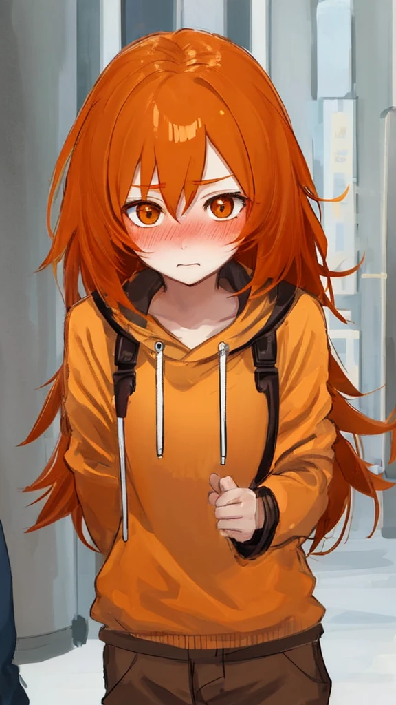 A boy with a female body,brown eyes,orange hair,shy,blushing