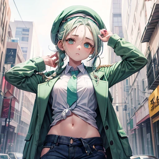 One girl, (Sagging under the eyes:1.5), Mint green hair, twin_Braiding, White Beret, White shirt, Floral tie
