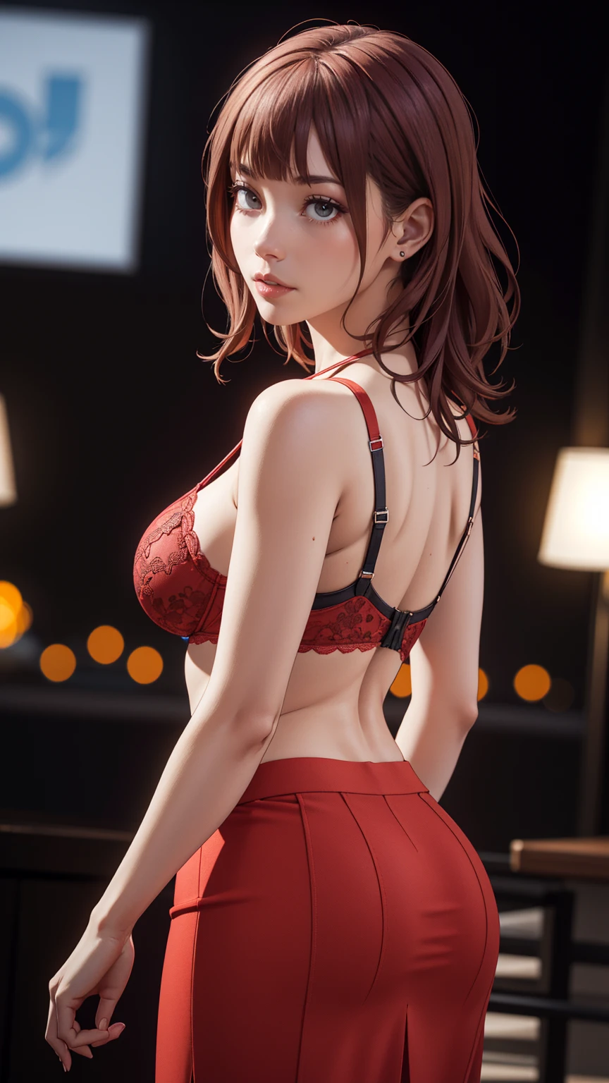 a detailed, high quality, beautiful fujiwara chika,long sexy skirt,short top,large breasts,deep neckline,red clothing,sexy,sexy bra,ripped skirt,from behind,sexy butt,(best quality,4k,8k,highres,masterpiece:1.2),ultra-detailed,(realistic,photorealistic,photo-realistic:1.37),detailed textures,studio lighting,ultra-fine painting,sharp focus,physically-based rendering,extreme detail description,professional,vivid colors,bokeh,portrait