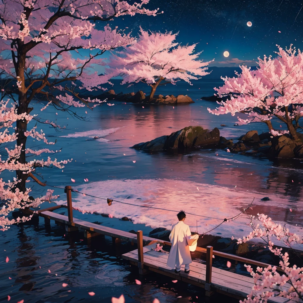 Moonlit sea, cherry blossoms at night, one man, standing alone, sad, heartbroken