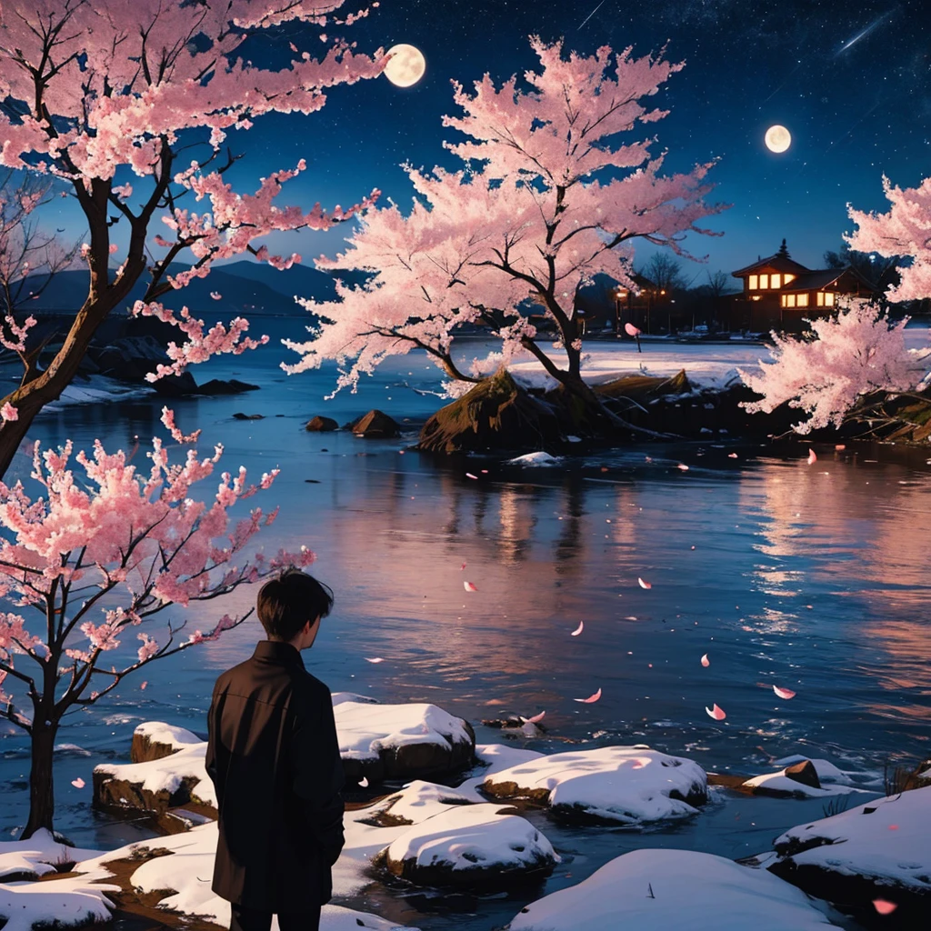Moonlit sea, cherry blossoms at night, one man, standing alone, sad, heartbroken