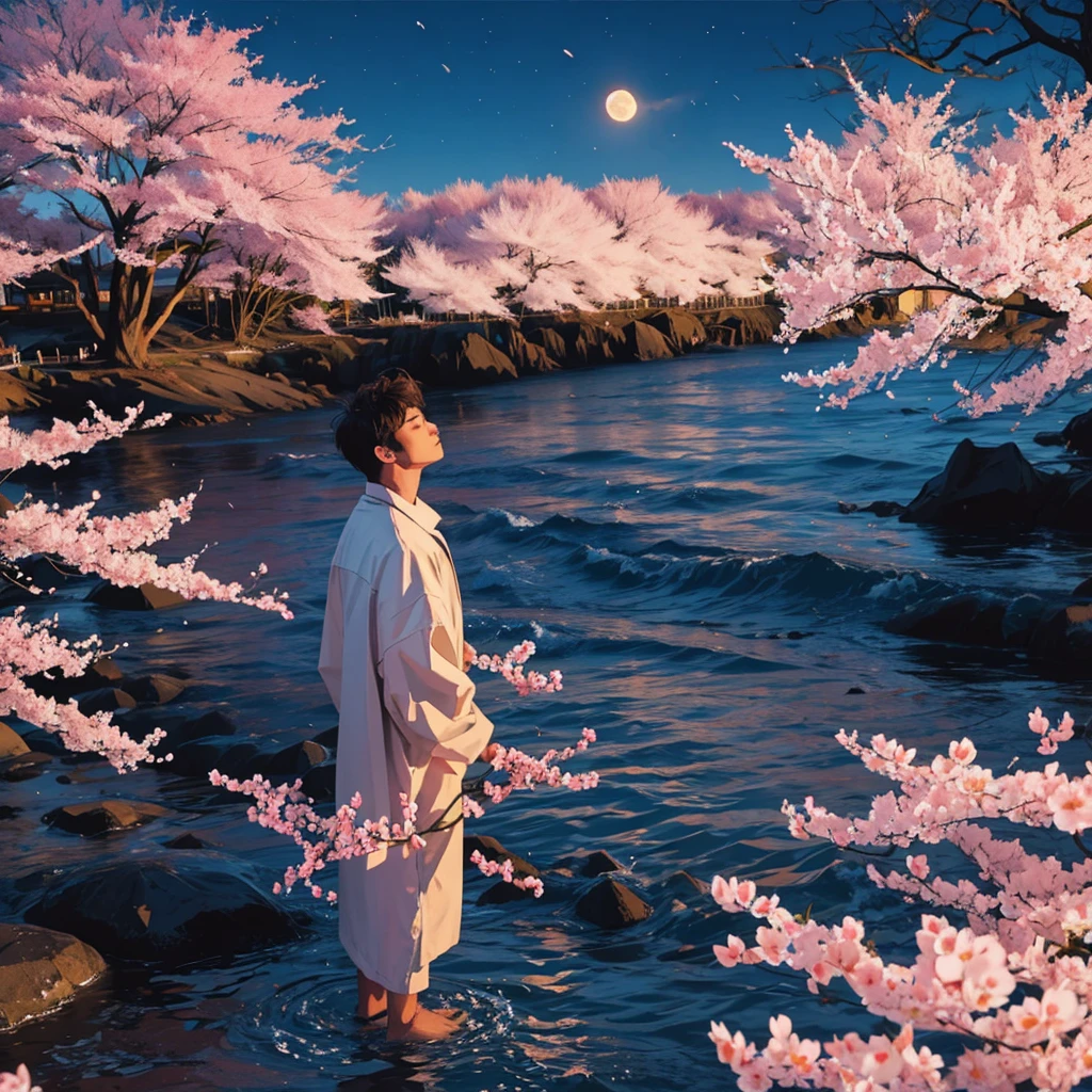 Moonlit sea, cherry blossoms at night, one man, standing alone, sad, heartbroken