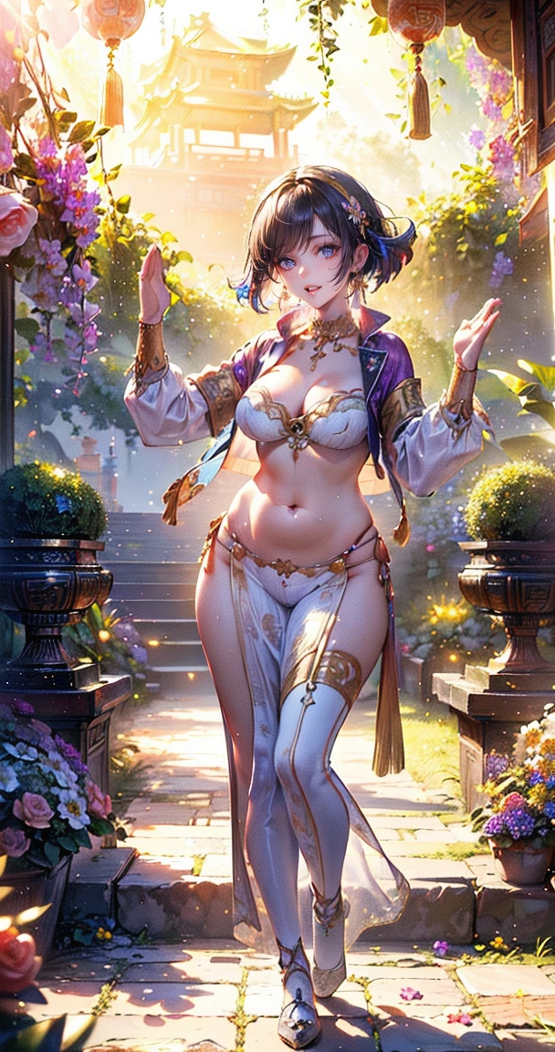 (Masterpiece:1.5), (((High qualityสุด, best quality, High quality))), ((complicated details, very detailed, Crazy details)), height, 32ก, Extremely detailed CG 8K unity wallpaper., (beautiful and beautiful:1.2),, (depth of field:1.3), (Flawless.:1.3), (Delicate depiction of details:1.4),
(((Abundant natural light, Delightful bright colors))), (Ambient volumetric backlight:1.5),  (Illustration of an extremely beautiful young woman:1.3),
(upper body:1.4), (perfect center:1.4), (Natural willow pose:1.5), (((dynamic poses, movie corner))),
(1milf:1.5), (alone:1.4),
beautiful beautiful face, [(detailed face:1.2):0.2], Bright eyes, Pure Rose Face_v1, ulzzang-6500-v1.1,  (gag:1.5), (red lips:1.4), (full lips:1.4), (smile:1.3),
Flawless attractive body, (((The feminine curves are pronounced.))), Skin glows brightly., realistic skin, hair follicles, (((Tightening belly, navel, Groin:1.3))),
(((Golden thread flutters.))), (Fringed tassels:1.3), (Tight long sleeves:1.4), (Single neck), (The invention shines.:1.5), (Elegant and intricate clothing accessories:1.5), (Embroidery work decorated with gems:1.4), (sparkling clothes:1.4), (sparkling particles:1.3), (((The front seam is sagging., Sagging back seam))), (((earring, armband, Hair clips, hair accessories))), (Stand alone in a magical outdoor garden decorated with gems and colorful exotic flowers and shrubs.:1.5), (Outside the great ancient palace:1.5), (((full body)))