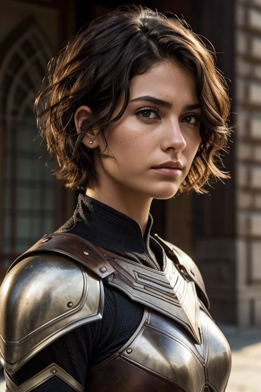 short hair woman, wavy, Brown, armor, sad face