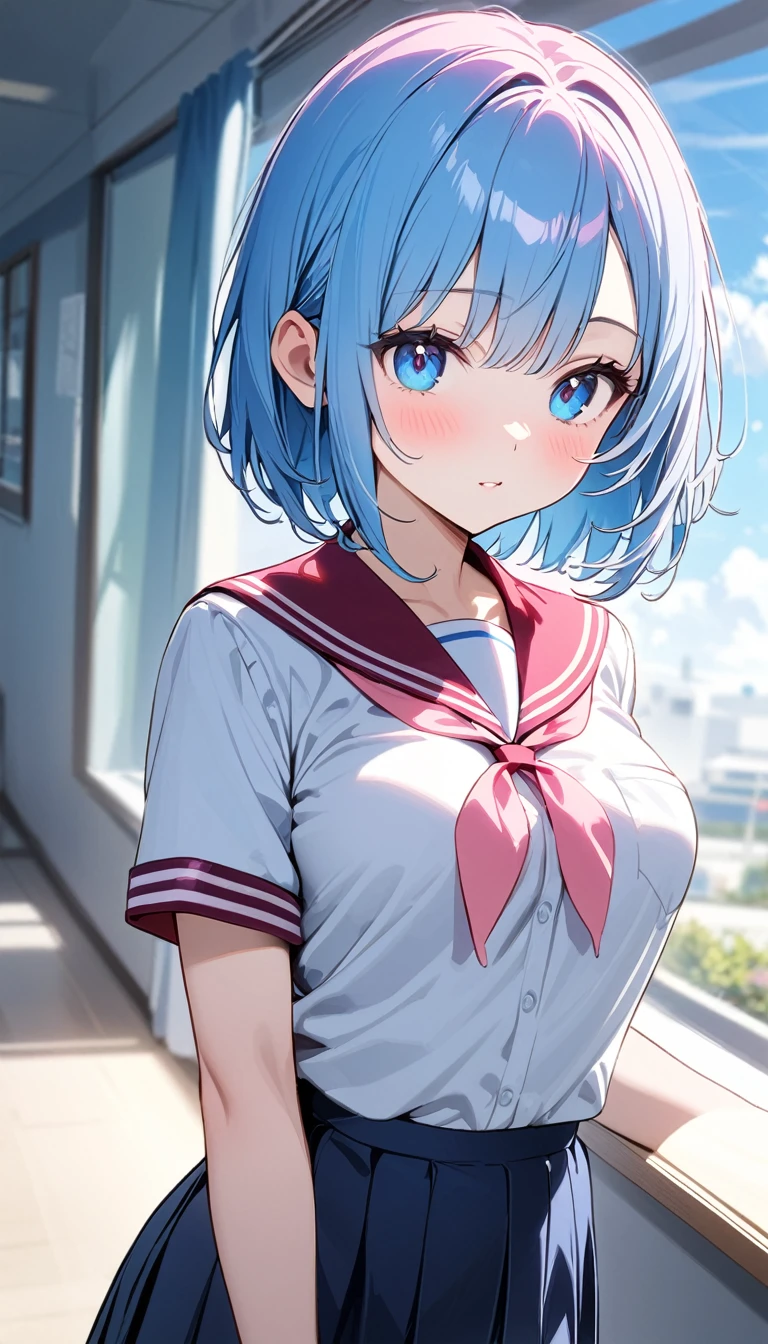 (1 girl),(Best Picture Quality, 8K, Masterpiece:1.3), (high school student:1.5), (pink lob hair:1.1), [skyblue hair:0.1], (bob cut),(asymmetric bangs), (cute eyes, pupil black, iris skyblue, youthful face), (standard weight), (medium breasts), (super clear:1.5), (glistening skin:1.1),(pale skin:1.2), ((school uniform, white short simple sleeve shirt, darkblue skirt, pink ribbon)).