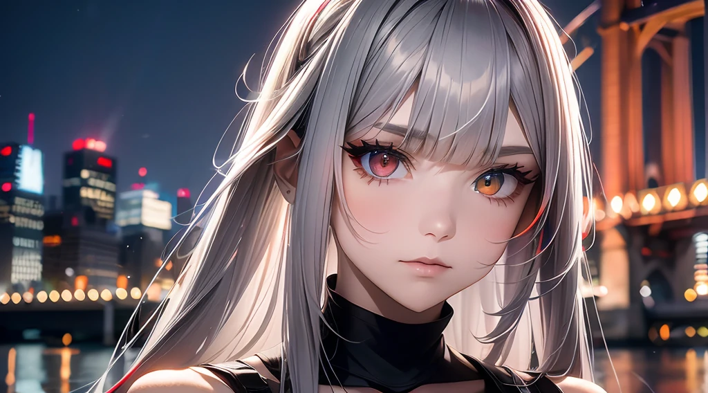 1girl, long hair, red left eye, grey right eye, straight silver hair, strictly straight bangs, hime hairstyle, blunt bangs, long straight hair cut,((( red back lighting))), heterochromia eyes, streetwear, crop top, city, Europe, water, neon, lights, glow, colourful, night, starry sky, sci fi, absurdres, high res, ultrasharp, 8k, masterpiece