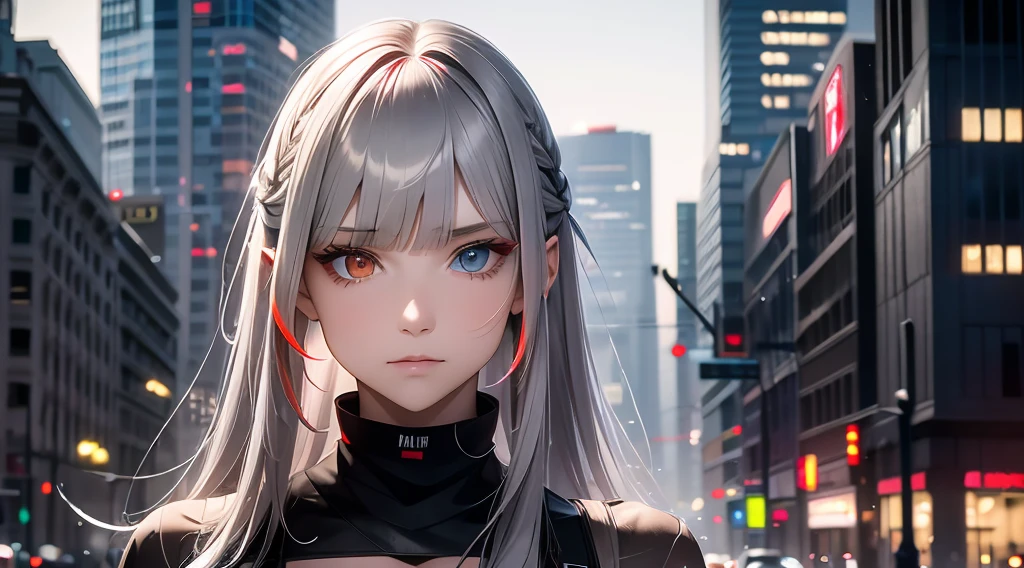 1girl, long hair, red left eye, grey right eye, straight silver hair, strictly straight bangs, hime hairstyle, blunt bangs, long straight hair cut,((( red back lighting))), heterochromia eyes, streetwear, crop top, city, Europe, water, neon, lights, glow, colourful, night, starry sky, sci fi, absurdres, high res, ultrasharp, 8k, masterpiece