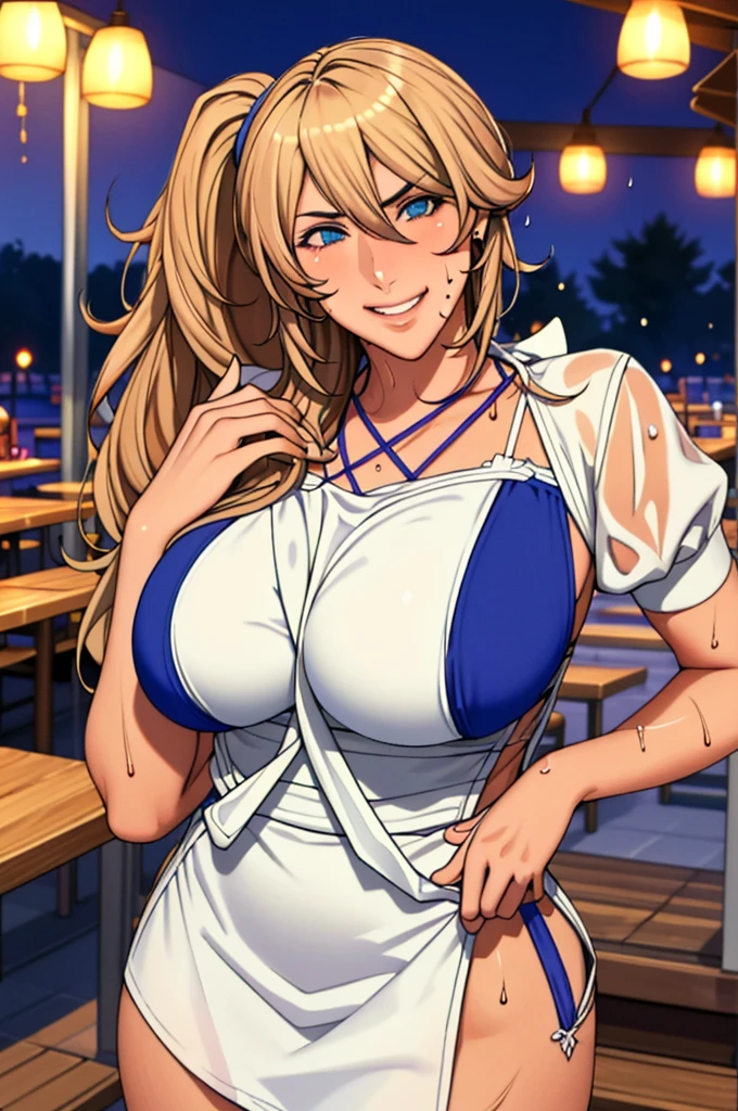 realistic, masterpiece, highest quality, (fine eyes), one high school girl, huge breasts, Sweat, night, outdoors, lively restaurant, Micro bikini tucked in, Micro bikini with only strings, grin and laugh, wet face, wet body, ponytail, earrings,  white apron,  Puffy short sleeves,  small tray,  central opening, 