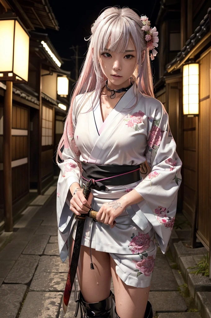 (Highest quality:1.2),32k HDR,High resolution,Perfect Anatomy,Wet and shiny white skin,Sweat dripping down my body,Slender model figure,Ahegao,Silver and pink hair,soaked through,Super small face,Collar and leash,Alley,Edo Town,photo shoot,Maid,((Japanese sword)),tattoo,((whole bodyにタトゥー)),(Arms covered in tattoos),((Collar with leash)),(Lockに繋がれた少女),Women in ecstasy,climax,Acme,Detailed skin texture, Detailed face, Fine grain,((whole body)),((艶やかなkimono)),(((nightの町))),((darkness)),((頭からfootまで)),((Lock帷子)),(((Lock))),(foot),(((Wrapped in a cloth))),((Thick-soled boots)),((大きなJapanese swordを構える)),(((Japanese swordを構える)),((kimono)),((Are standing)),((Wrap a cloth around your chest)),(((巨大なJapanese sword))),((Wear a black belt around your waist)),((花柄のkimono)),((Thin fabric)),((身長と同じくらいの大きさのJapanese swordを振りかぶる)),((night)),((Dim light)),((Glaring at the camera)),