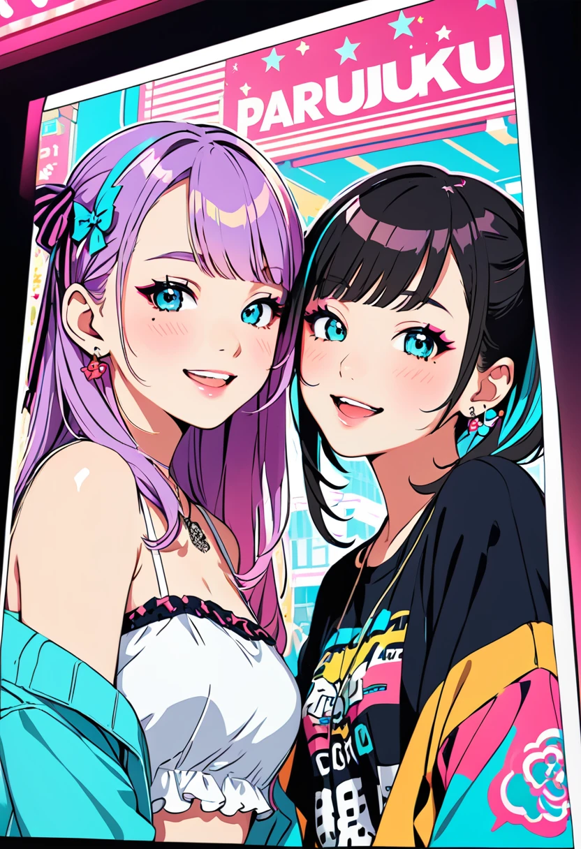 (masterpiece, best quality:1.1),
popart style,flat color,(two girls),cute face,tween Gal,(enjoying purikura),(Harajuku,tokyo),slutty fashion,beautiful detailed scenery, friendly,very happy,beautiful lighting,dynamic angle,depth of field,photographic portrait, sharp,