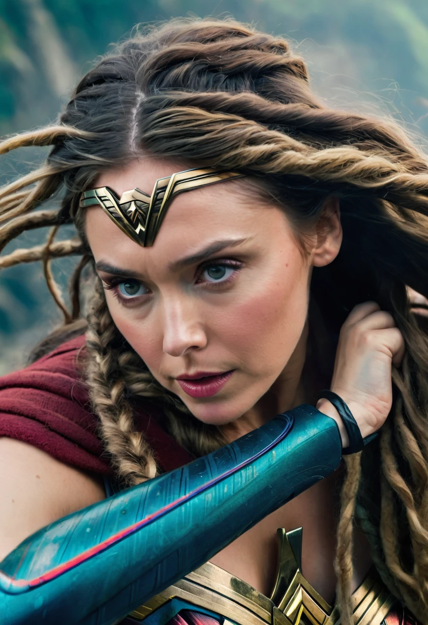 Extremely close-up Elizabeth Olsen under the mantle of the Amazon warrior Wonder Woman images Surreal cinematographic HD images Color Splash (((dreadlocks))),(((Diaema Wonder Woman))