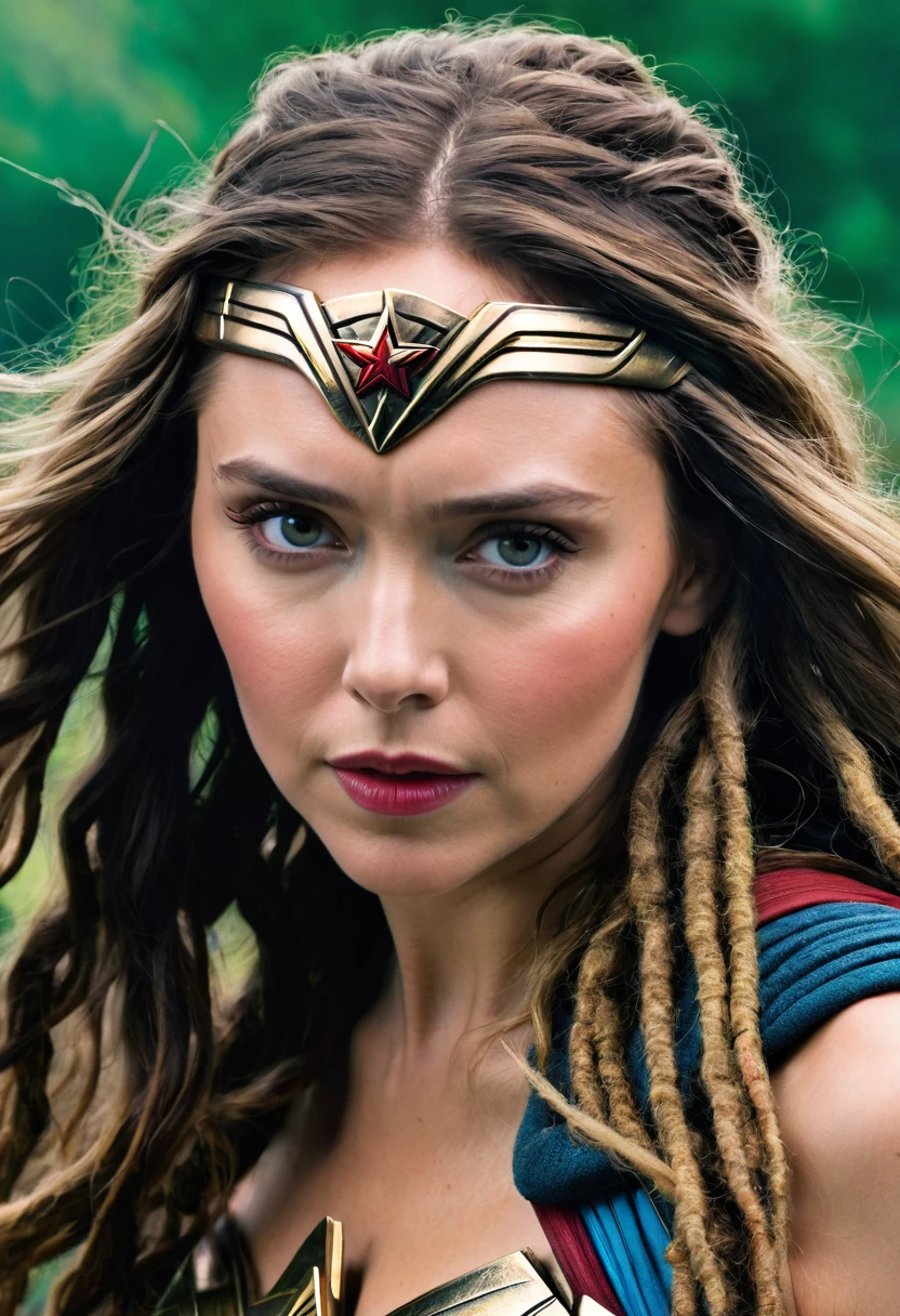 Extremely close-up Elizabeth Olsen under the mantle of the Amazon warrior Wonder Woman images Surreal cinematographic HD images Color Splash (((dreadlocks))),(((Diaema Wonder Woman))