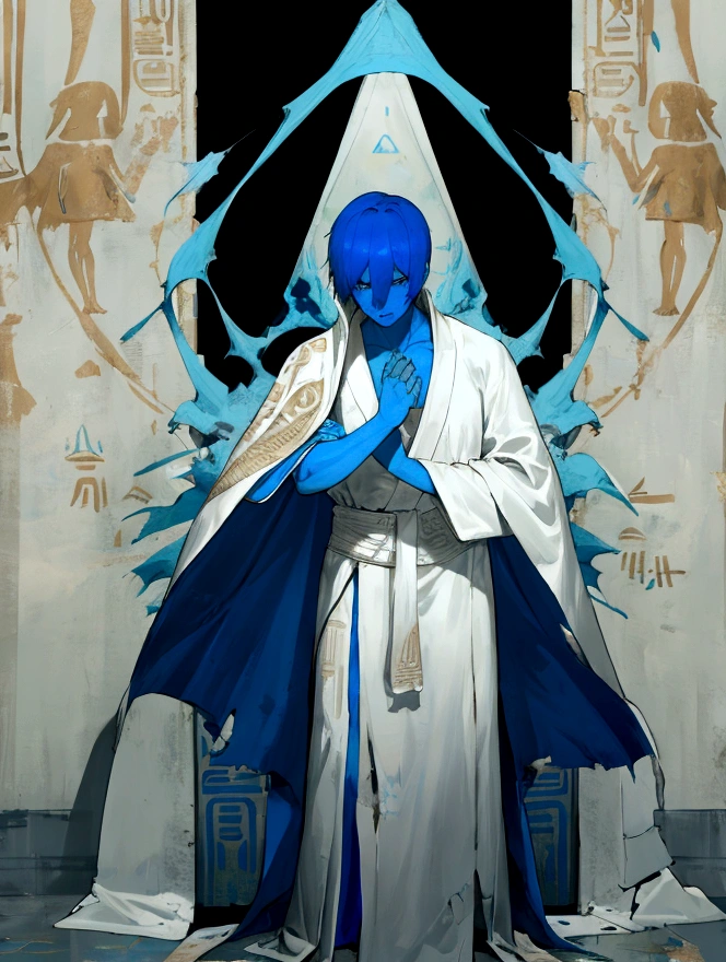 full-length, guy, bright blue skin, short hair, white robe, torn robe, hieroglyphs on the robe, empty eyes, hands without hands