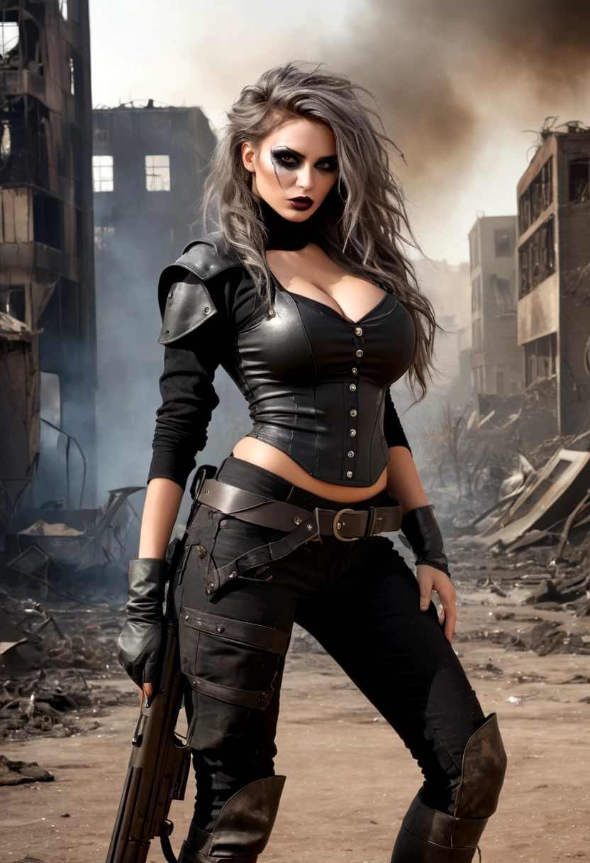 Create an image of a stunningly beautifully gorgeous perfect young sexy post apocalyptic girl, Stunningly perfect face, perfect makeup, long luscious eyelashes,black eyeliner, black eye shadow, curved eyebrows, lipstick, thick long messy dutch hair, metallic apocalypse outfits, gigantic breast,
sexy slim waist, curved hips, knee high boots, stockings, holding gun, post apocalyptic background, full body view,
